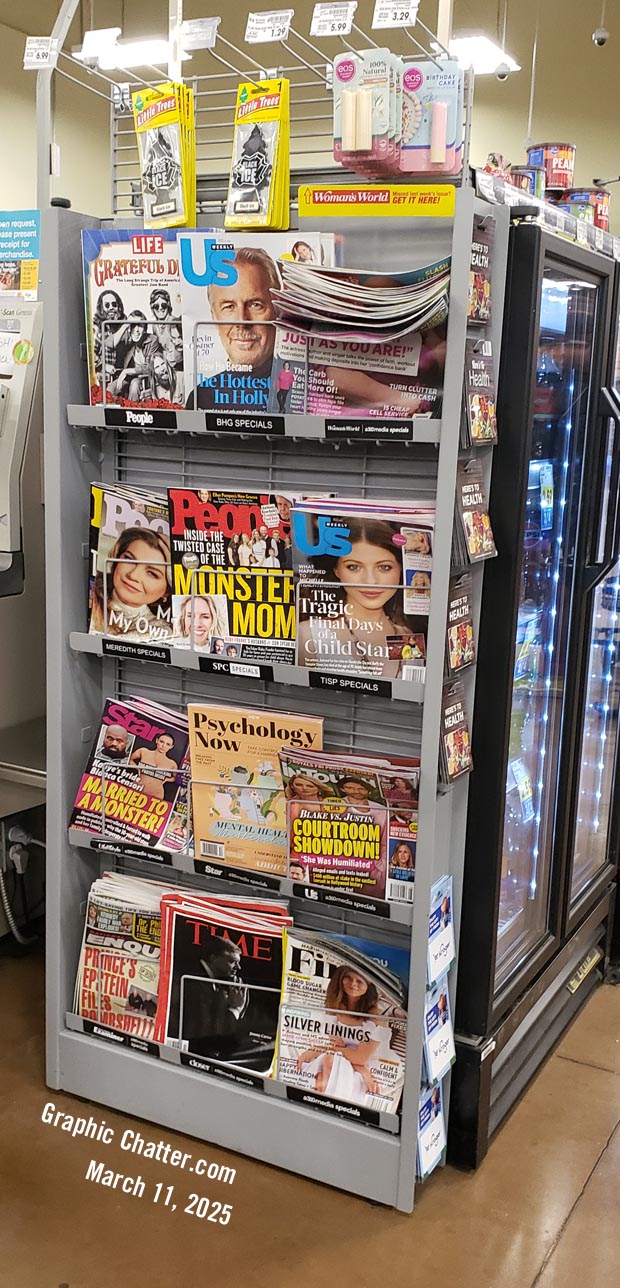 Click to enlarge - Magazine rack with Psychology Today and Married to a Monster, Monster Mom A Magazine rack at Kroger March 11 2025